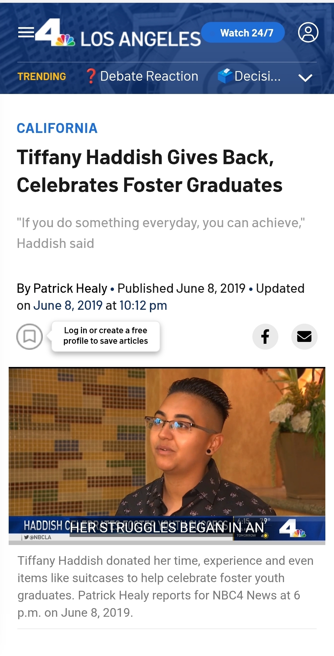 L. Patty Flores appearing on NBC4 with Tiffany Haddish speaking to foster youth graduates
